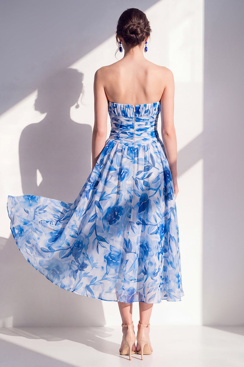 Queendancer Women Blue Flower Maxi Beach Wedding Guest Dress Strapless A Line Ruched Summer Dress queendanceruk Queendancer Women Blue Flower Maxi Beach Wedding Guest Dress Strapless A Line Ruched Summer Dress queendanceruk