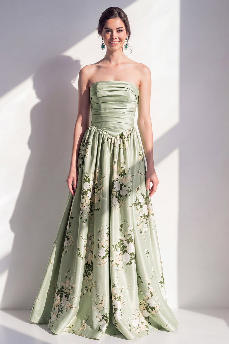 sage wedding guest dress Queendancer Women Floral Sage Green A Line Long Wedding Guest Dress  Strapless Ruched Summer Dress – queendanceruk