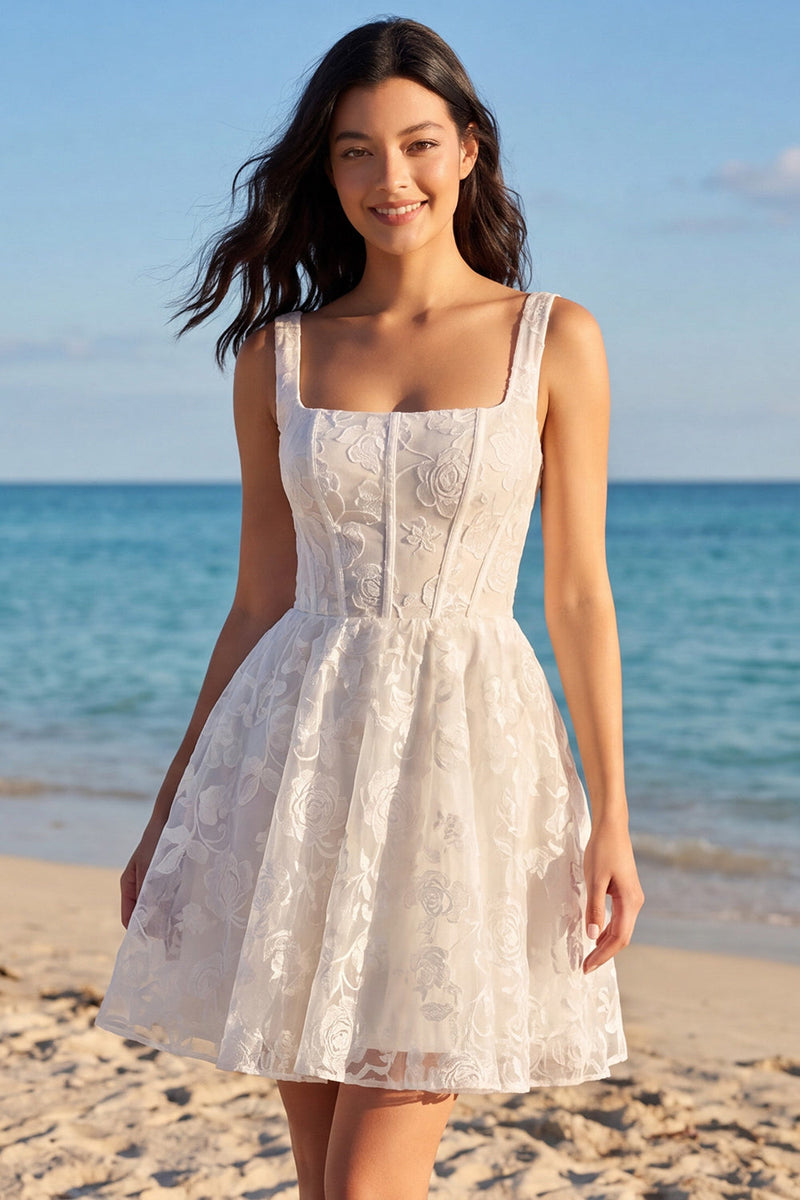 Queendancer Women Ivory Short Floral Corset Lace Wedding Dress Thick Straps  A Line Hen Party Dress – queendanceruk