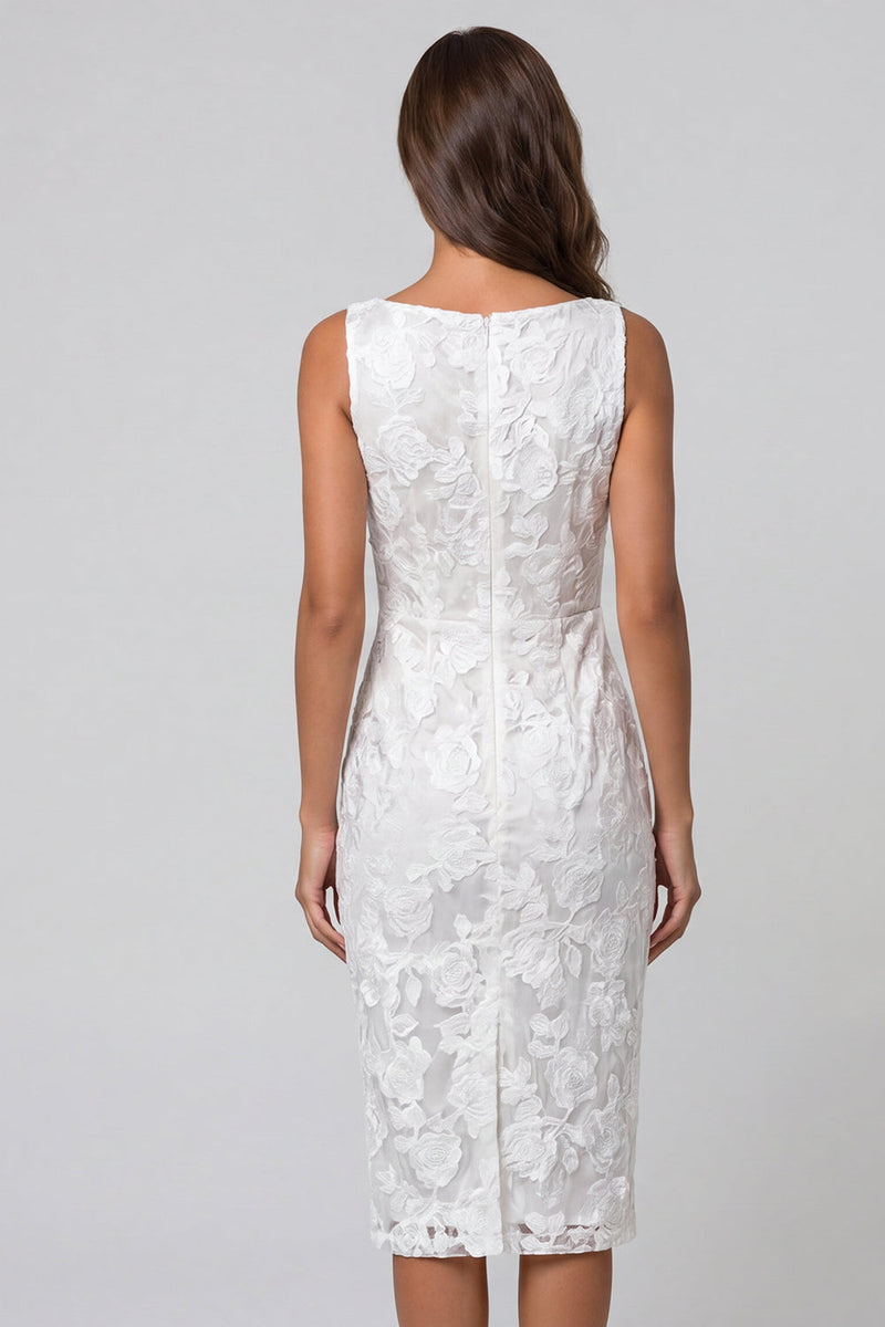 Queendancer Women Ivory Pencil Midi Lace Floral Work Dress Boat Neck Ruched  Business Dress – queendanceruk