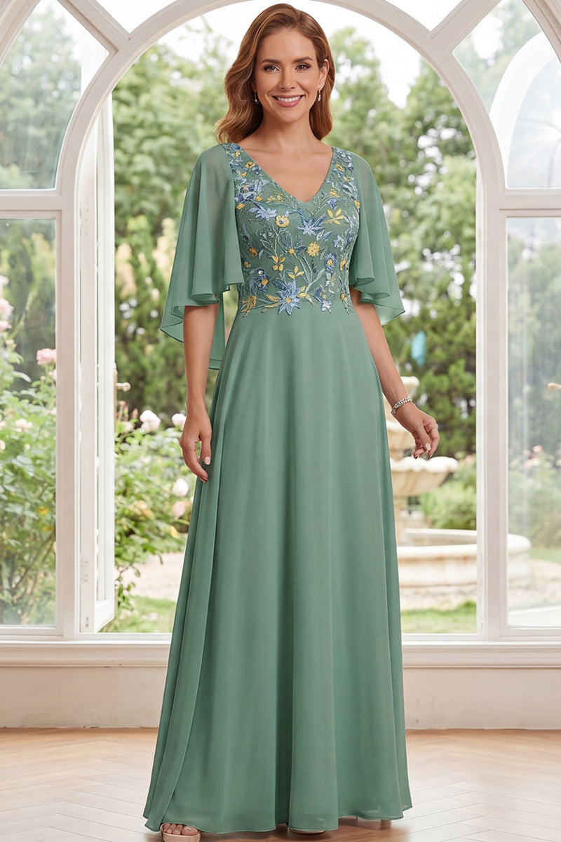 Queendancer Women Sage Green Floral Long Mother of the Bride Dress V-Neck  Flutter Sleeves A Line Mother of the Groom Dress – queendanceruk
