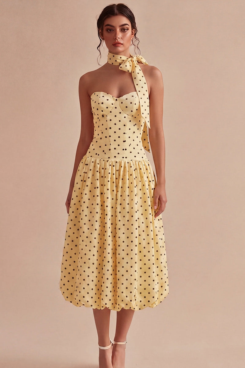 Queendancer Women Maxi Yellow and Black Polka Dots Dress Strapless A Line  Wedding Guest Dress  queendanceruk