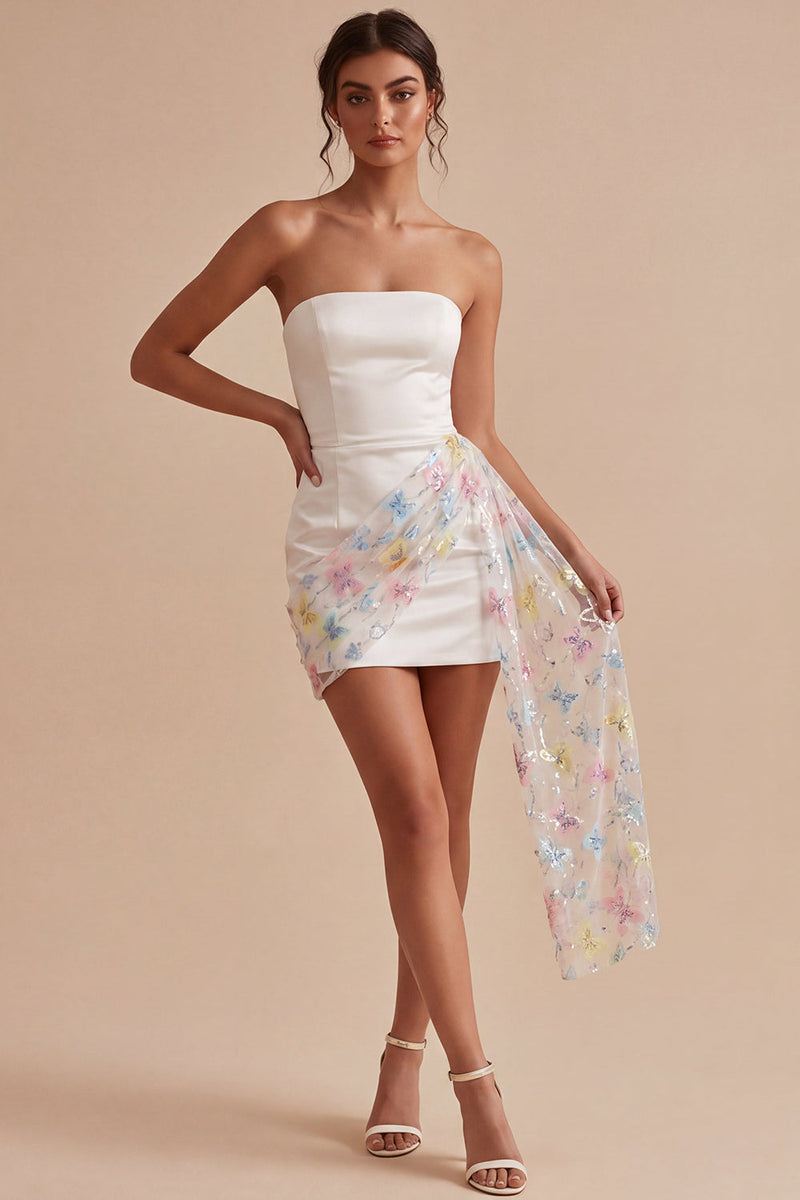 Queendancer Women White Tight Floral Short Graduation Dress with Sash Strapless Beaded Bachelorette Dress queendanceruk Queendancer Women White Tight Floral Short Graduation Dress with Sash Strapless Beaded Bachelorette Dress queendanceruk