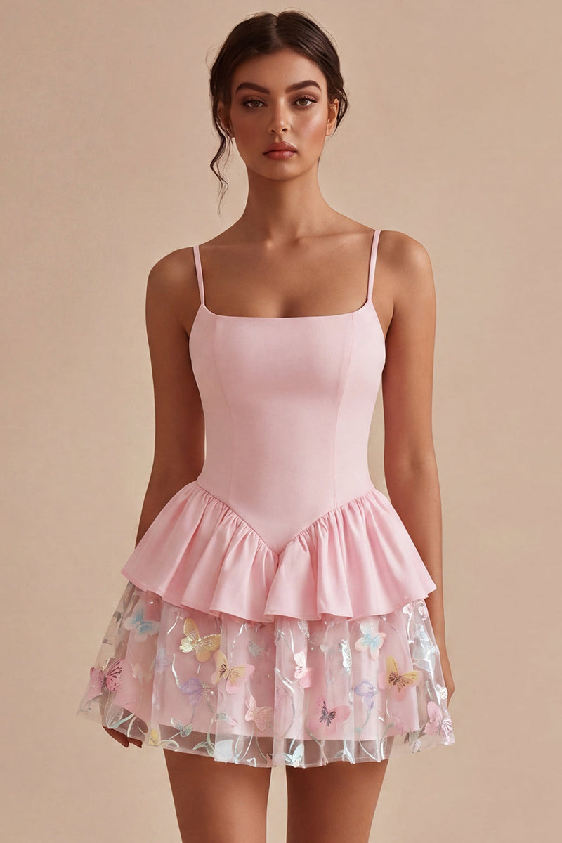 Queendancer Women Pink Short Floral Graduation Dress with Ruffles Spaghetti  Straps A Line Birthday Party Dress – queendanceruk