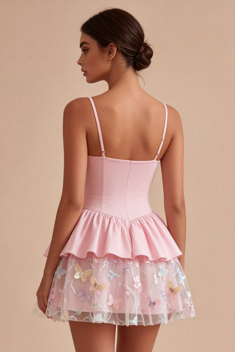 Queendancer Women Pink Short Floral Graduation Dress with Ruffles Spaghetti  Straps A Line Birthday Party Dress  queendanceruk