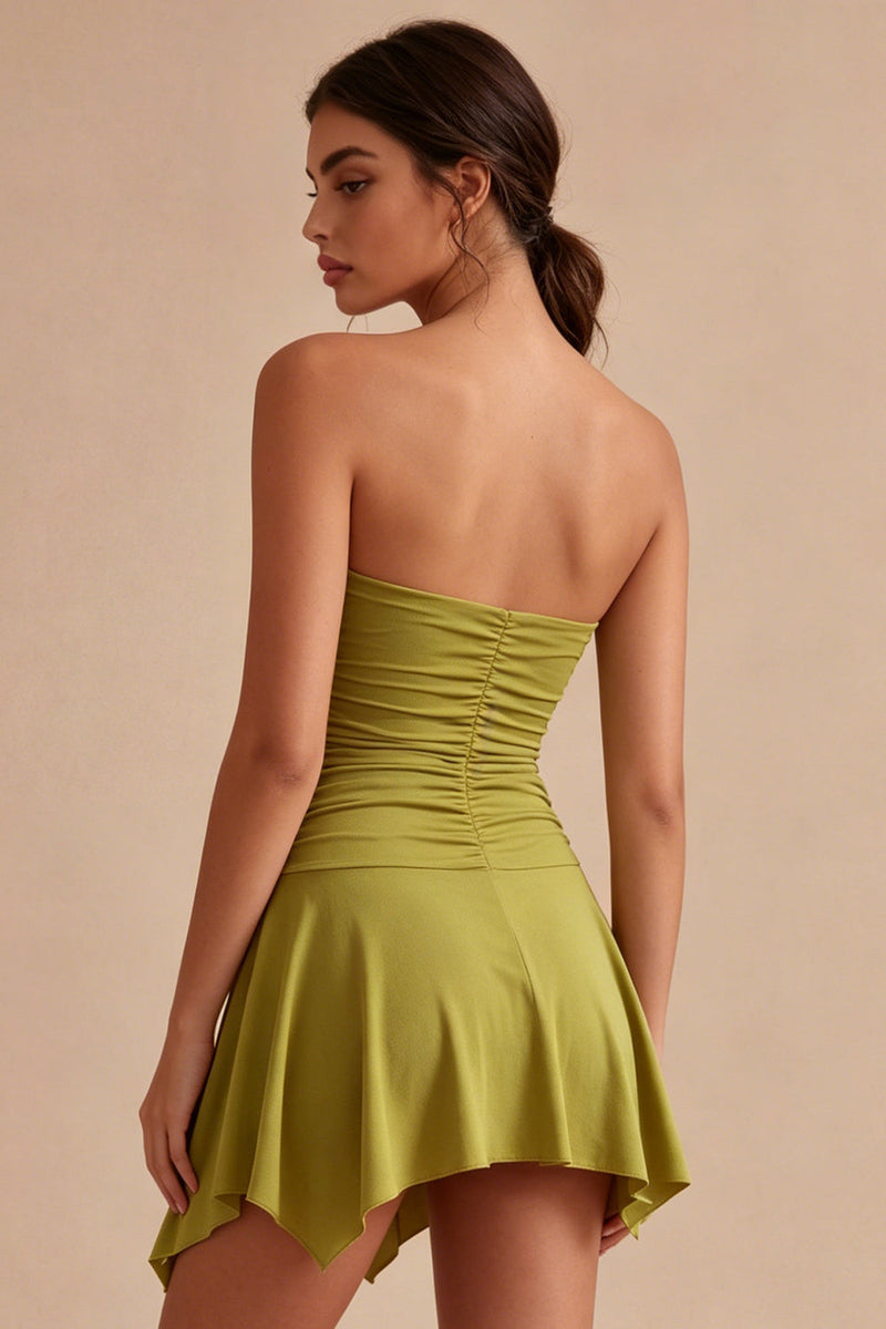 Queendancer Women Olive Asymmetrical Graduation Dress Ruched A Line  Strapless Birthday Party Dress – queendanceruk