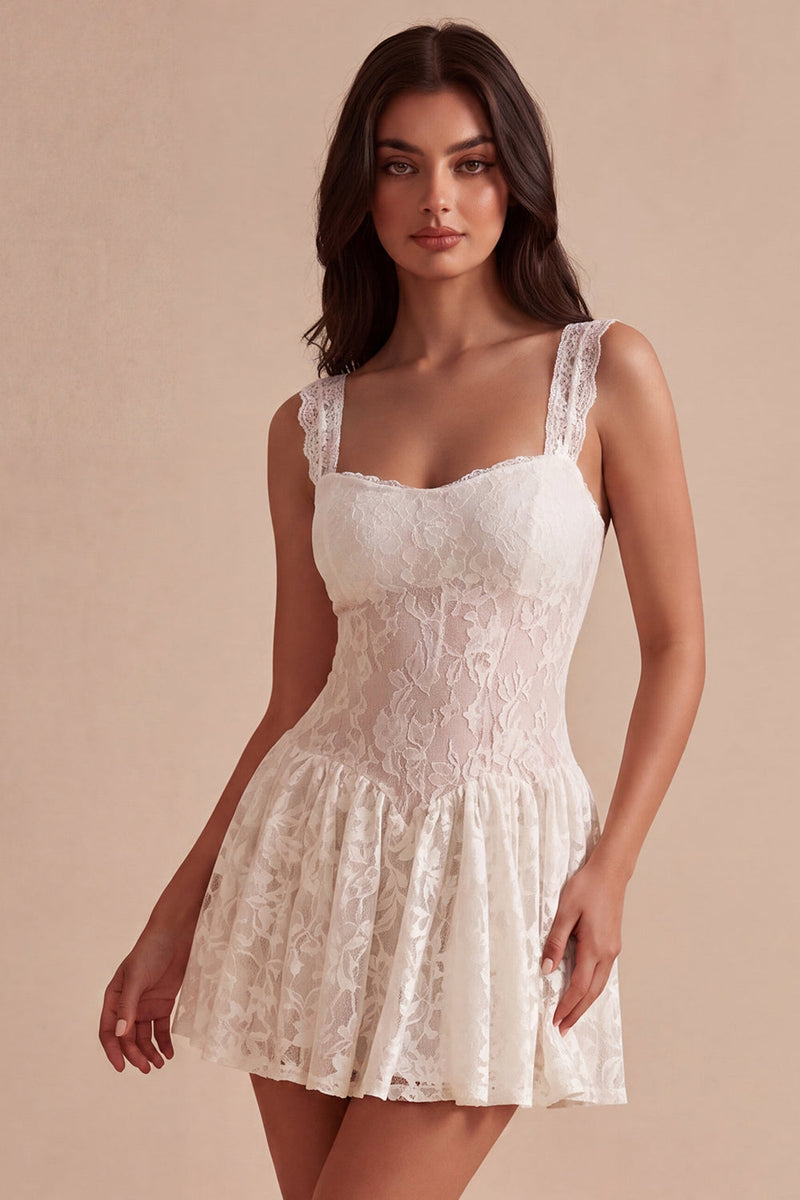 Queendancer Women White Floral Short Lace Graduation Dress A Line Thick Straps Bachelorette Dress queendanceruk Queendancer Women White Floral Short Lace Graduation Dress A Line Thick Straps Bachelorette Dress queendanceruk
