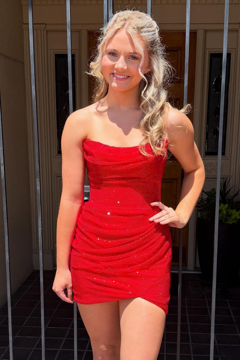 red tight strapless dress Long Poofy With Slit Red Dress Short Red Dress With Slit Lace hugging skirt ends at a mini hem Strapless Red Tight Fit Prom