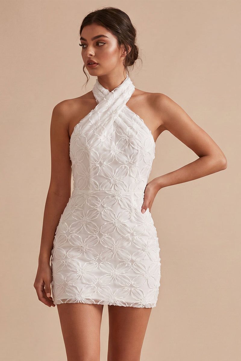 short white grad dresses Queendancer Women Floral Graduation Dress Halter Neck Tight Sleeveless Little White Dress – queendanceruk