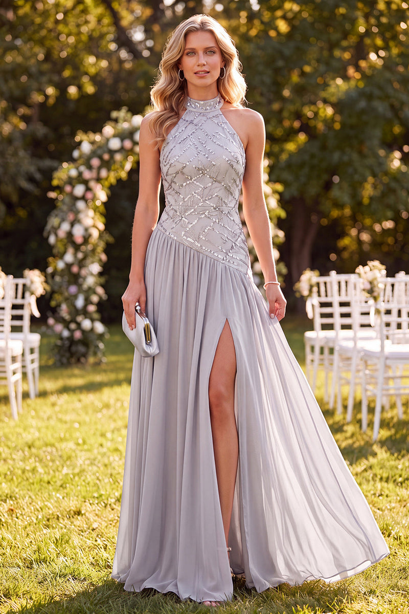 Queendancer Women Sparkly Light Grey Long Beach Wedding Guest Dress with Slit Chiffon Halter A Line Open Back Formal Dress with Sequins – queendanceruk