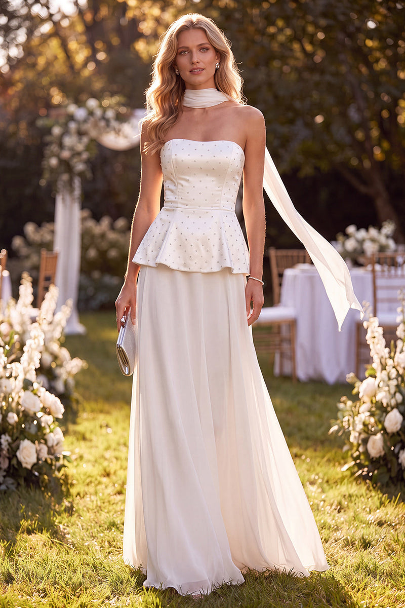 Sparkly White Chiffon Beaded Beach Neck Scarf Long Wedding Guest Dress