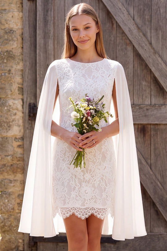 Lace Ivory Floral Round Neck Tight Short Boho Wedding Dress with Cape