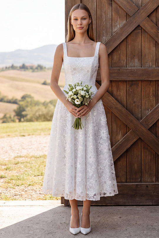 Sparkly Floral Ivory A Line Sequin Corset Midi Wedding Dress