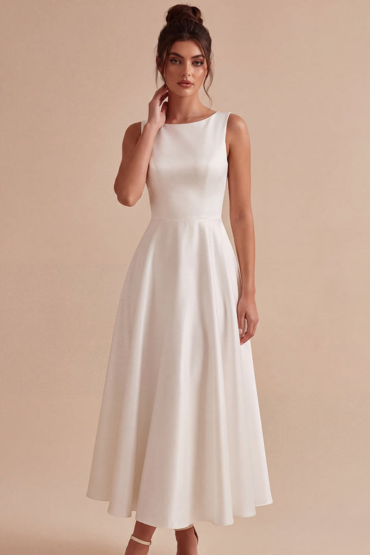 Simple White A Line Satin Boat Neck Long Engagement Dress