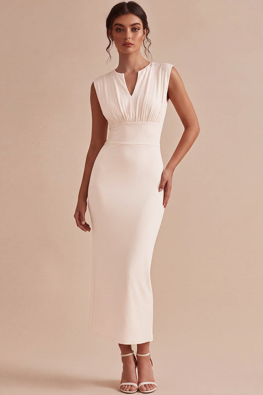 White V-Neck Ruched Sheath Long Engagement Dress with Slit