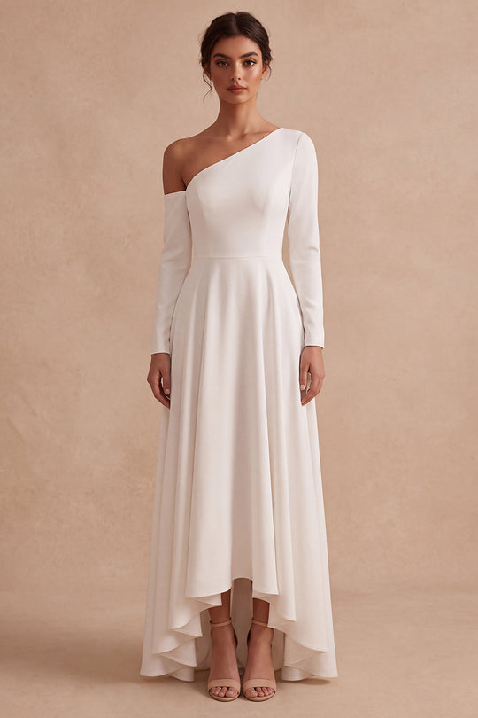 White One Shoulder A Line High-Low Engagement Dress with Sleeves