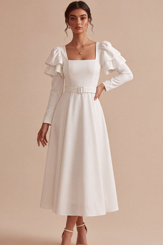 White A Line Ruffled Square Neck Midi Engagement Dress with Sleeves