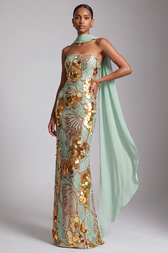 Queendancer Women Sparkly Gold Shesth Long Sequin Prom Dress Strapless Lace Up Back Formal Dress with Neck Scarf