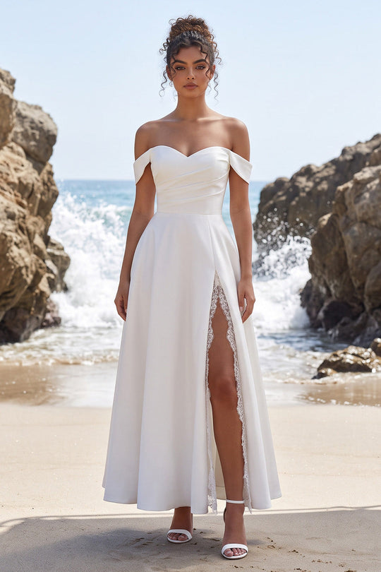 A Line White Ruched Off the Shoulder Long Wedding Dress with Slit