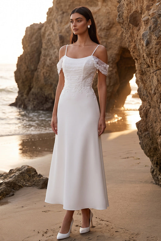 White A Line Floral Cold Shoulder Long Wedding Dress