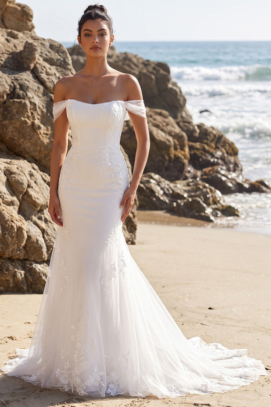 White Mermaid Floral Off The Shoulder Sweep Train Beach Wedding Dress