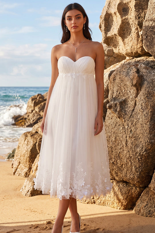 White A Line Floral Ruched Sweetheart Midi Beach Wedding Dress