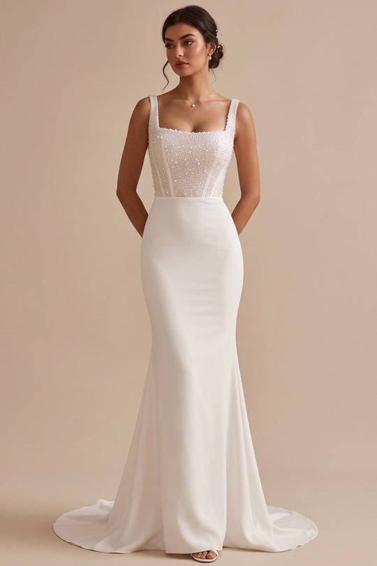 Sparkly Corset White Mermaid Beaded Square Neck Sweep Train Wedding Dress
