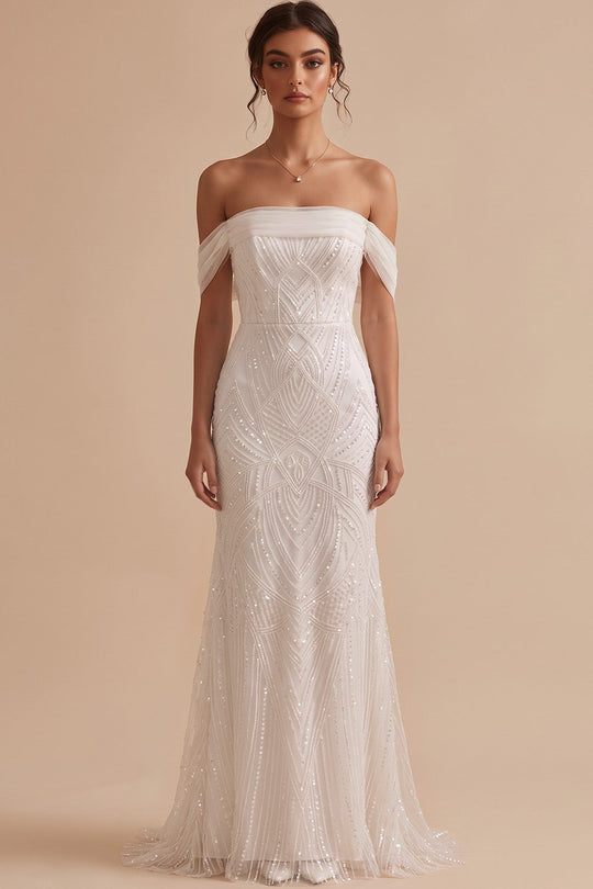 Sparkly White Mermaid Off the Shoulder Sequin Sweep Train Wedding Dress