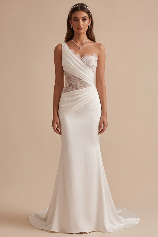 White Mermaid Beaded Ruched One Shoulder Sweep Train Wedding Dress with Lace