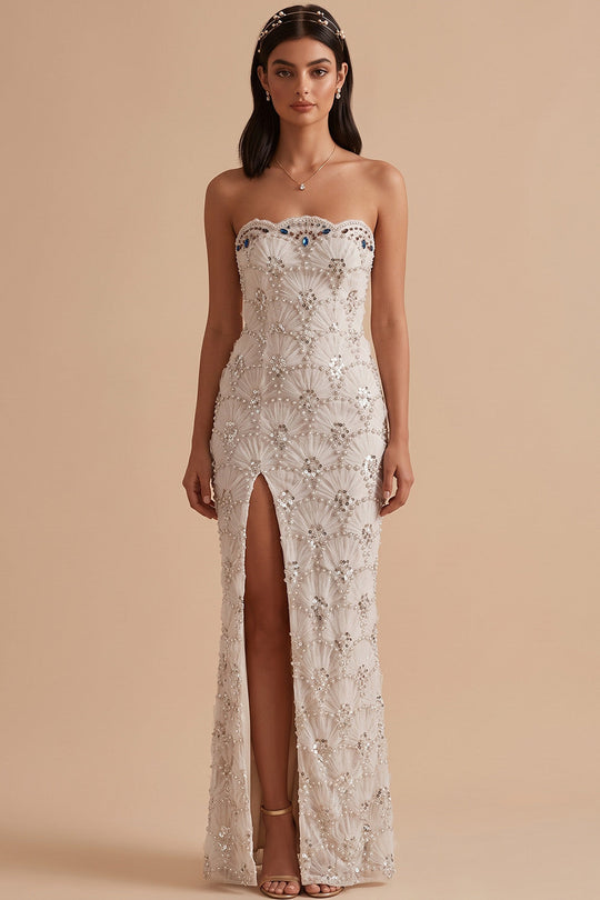 Sparkly White Mermaid Beaded Strapless Sequin Long Wedding Dress with Slit