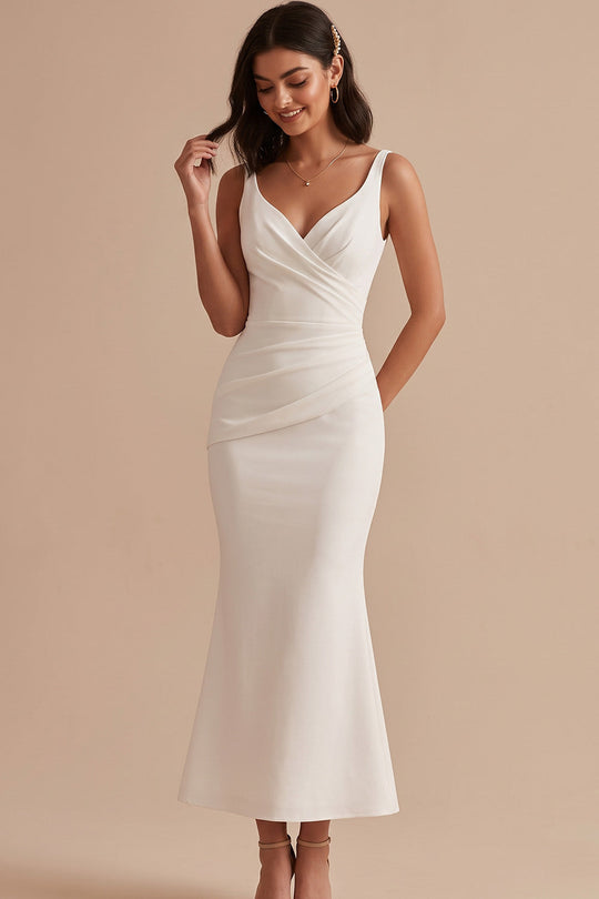 Simple White Satin Mermaid V-Neck Ruched Midi Wedding Dress