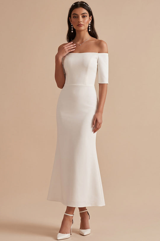 White Bodycon Off the Shoulder Half Sleeves Midi Wedding Dress