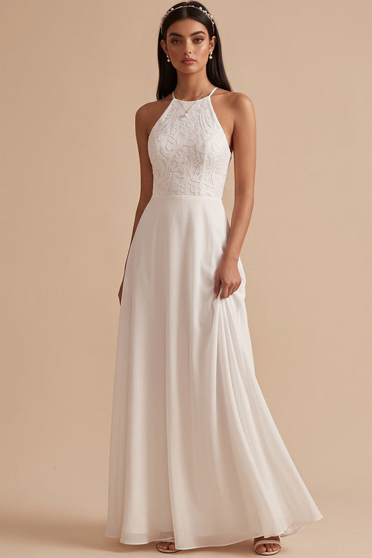 White A-Line Halter Chiffon Keyhole Back Long Wedding Dress with Lace