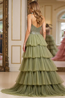 Load image into Gallery viewer, Dusty Sage A Line Tiered Long Tulle Prom Dress with Ruffles