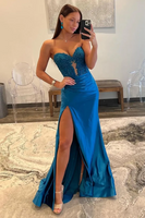 Load image into Gallery viewer, Navy Satin Mermaid Sweetheart Long Corset Prom Dress with Slit