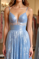 Load image into Gallery viewer, Sky Blue A Line Long Pleated Chiffon Prom Dress with Beading