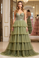 Load image into Gallery viewer, Dusty Sage A Line Tiered Long Tulle Prom Dress with Ruffles