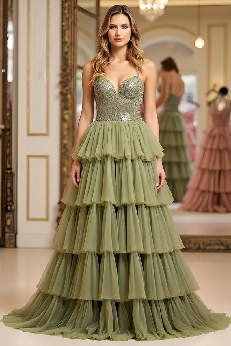 Load image into Gallery viewer, Dusty Sage A Line Tiered Long Tulle Prom Dress with Ruffles