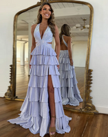 Load image into Gallery viewer, Sparkly Fuchsia Beaded A Line Tiered Long Prom Dress with Slit