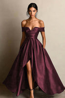 Load image into Gallery viewer, Black A Line Satin Off the Shoulder Maxi Formal Dress with Slit