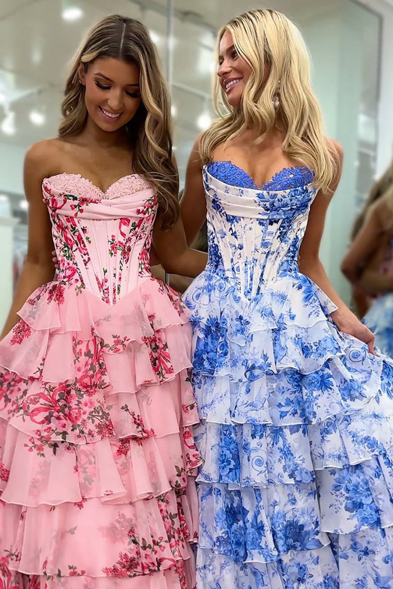 Load image into Gallery viewer, White Blue Flower Tiered Corset Strapless Long Chiffon Prom Dress