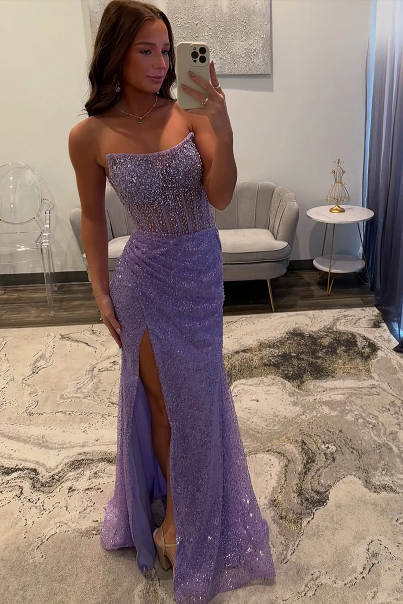 Load image into Gallery viewer, Women Sparkly Lavender Sequins Corset Maxi Prom Dress with Slit Mermaid Strapless Long Evening Dress with Beading
