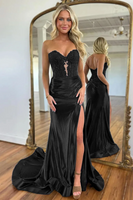 Load image into Gallery viewer, Navy Satin Mermaid Sweetheart Long Corset Prom Dress with Slit