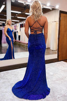 Load image into Gallery viewer, Sheath Spaghetti Straps Blue Sequins Long Prom Dress with Silt