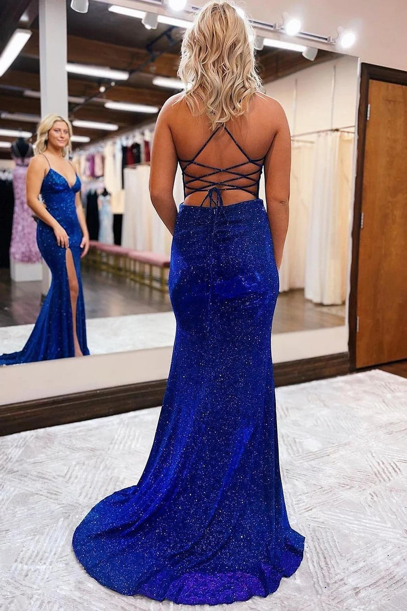 Load image into Gallery viewer, Sheath Spaghetti Straps Blue Sequins Long Prom Dress with Silt