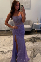 Load image into Gallery viewer, Sparkly Strapless Gold Mermaid Maxi Prom Dress with Slit