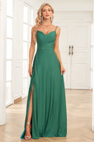 Load image into Gallery viewer, Spaghetti Straps Dark Green Long Prom Dress with Slit