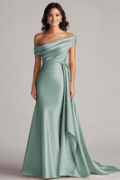 Load image into Gallery viewer, Dusty Blue Off the Shoulder Long Streamer Formal Dress