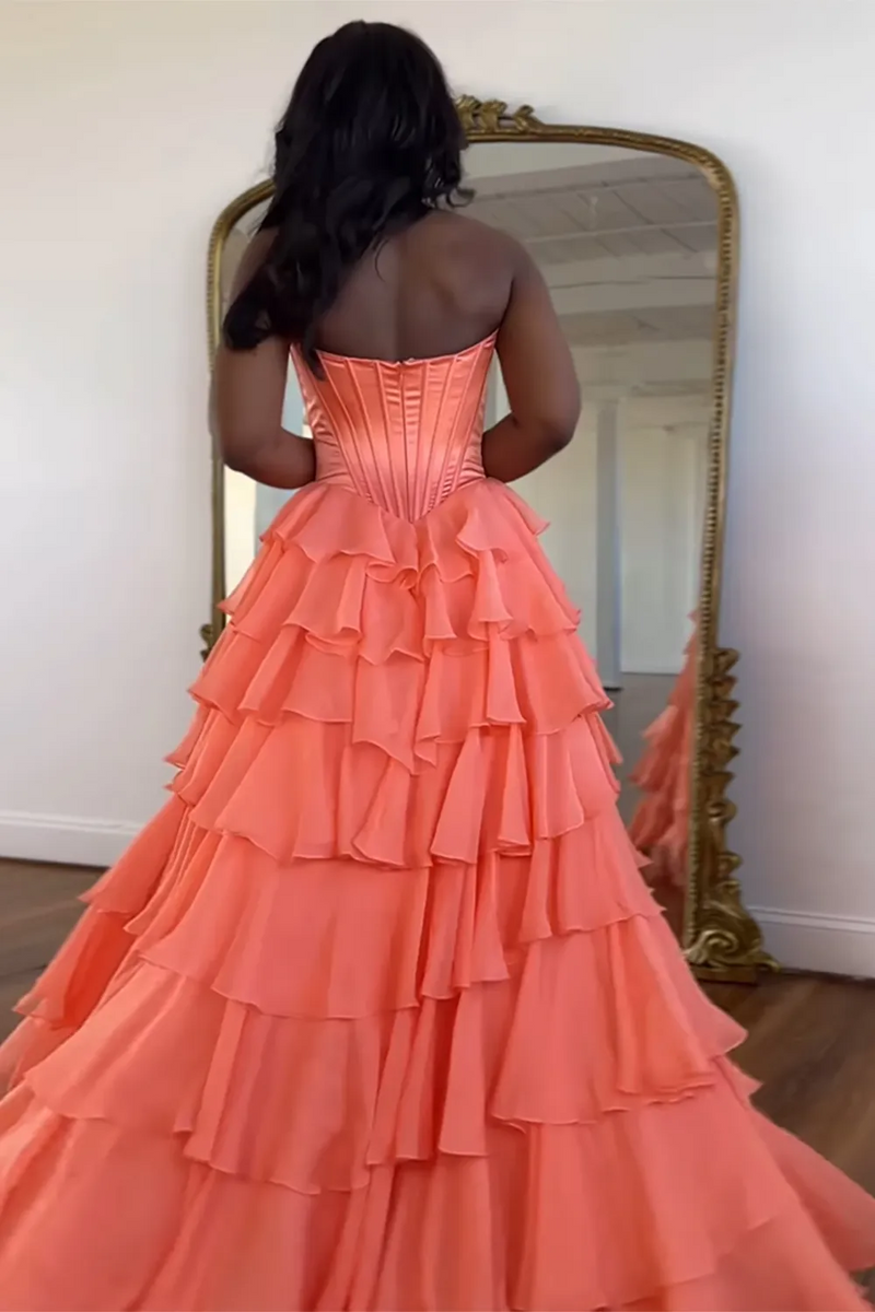 Load image into Gallery viewer, A Line Light Pink Strapless Tiered Corset Chiffon Maxi Prom Dress