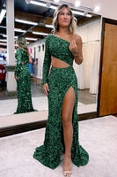Load image into Gallery viewer, Sheath One Shoulder Dark Green Sequins Long Prom Dress with Silt